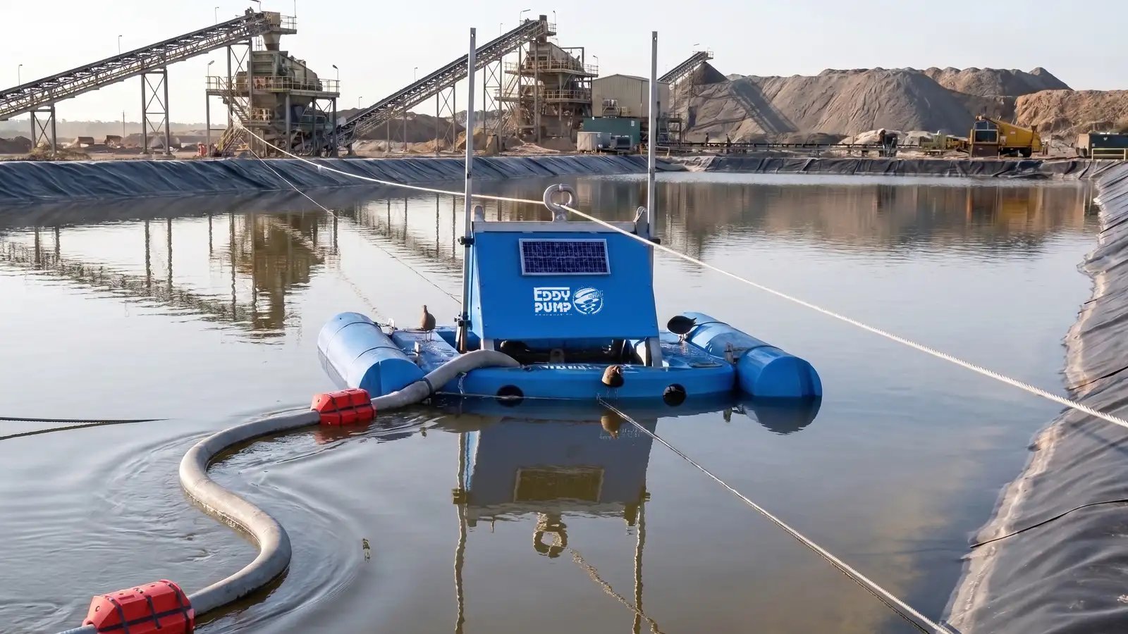 Pontoon-mounted floating dredge unit with a solar panel, anchor cables, and flexible discharge hose positioned on a geomembrane-lined process pond at a mining facility with stockpiles visible behind it