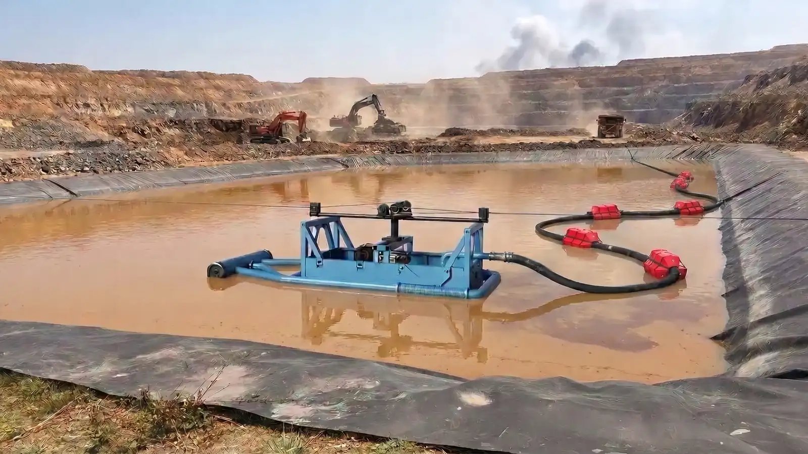 floating dredge removing sediment from a muddy lined process pond at an open-pit mine, with an excavator and haul truck working the pit behind.