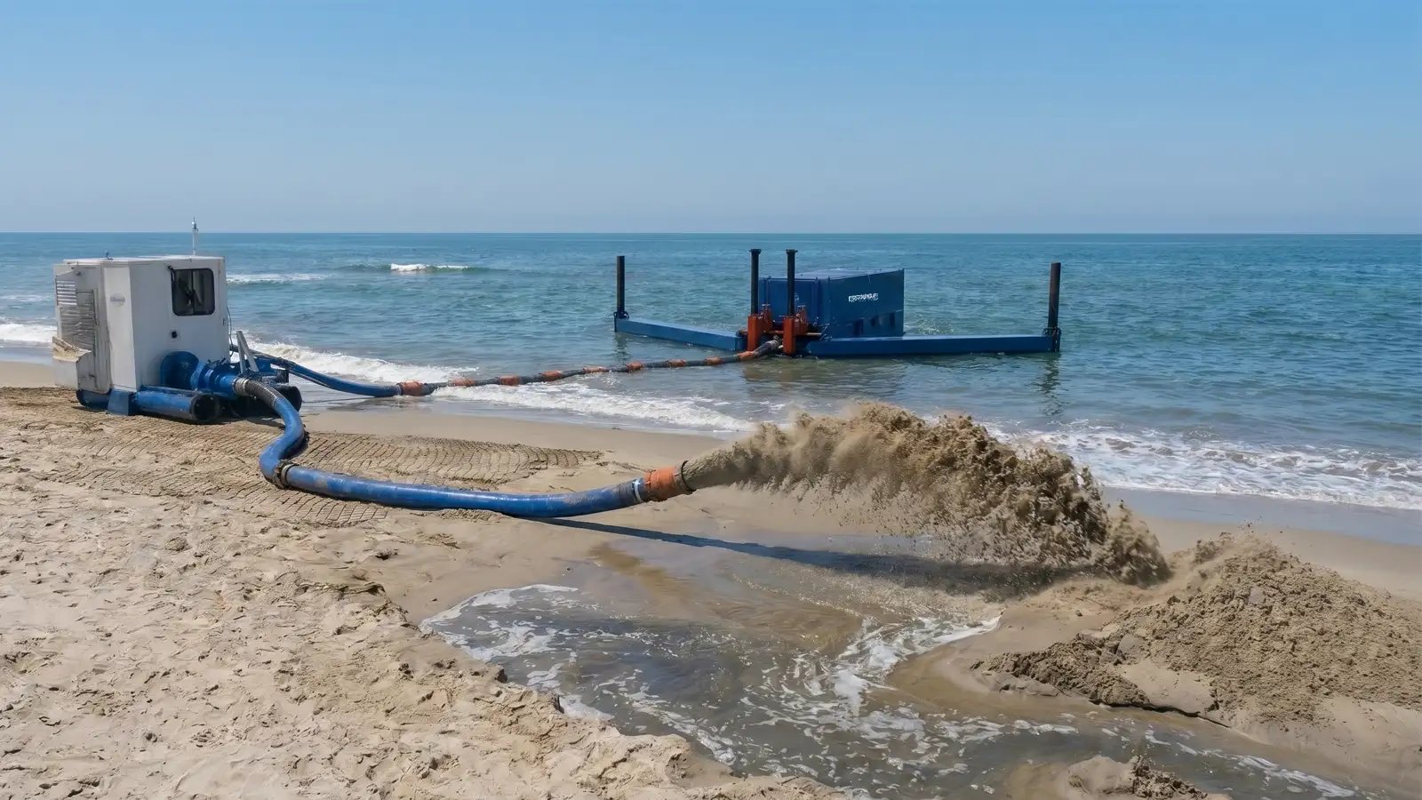 Autonomous dredging system deployed in a tailings pond demonstrating remote operation, material transfer, and suitability for challenging dredging environments