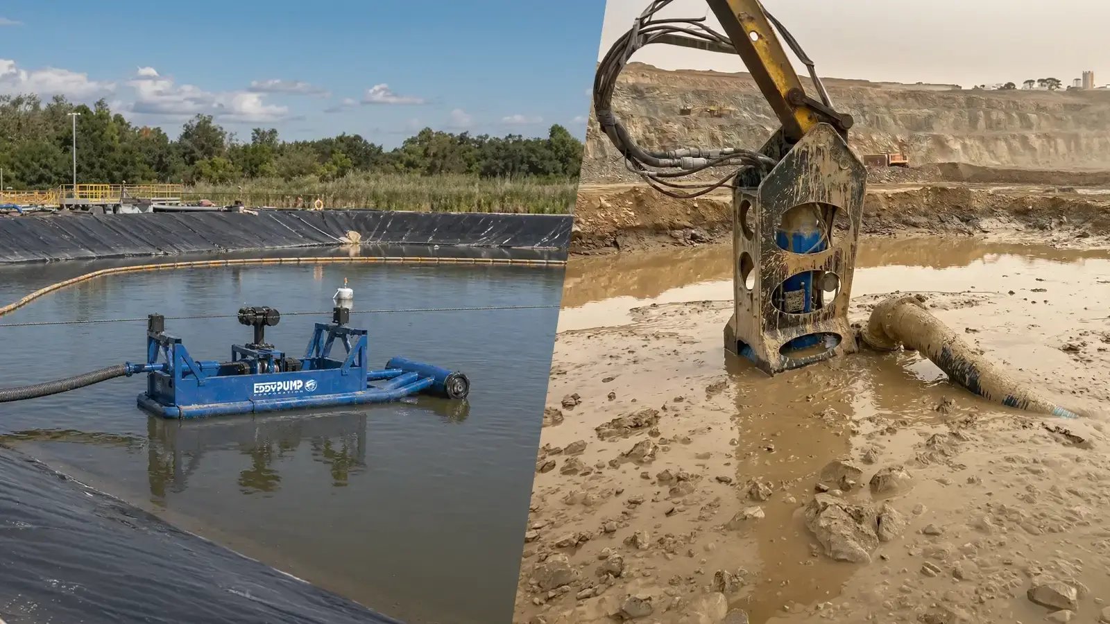 Two dredge platforms compared: a floating EDDY Pump dredge in a lined pond and an excavator-mounted dredge pump attachment in a mine pit