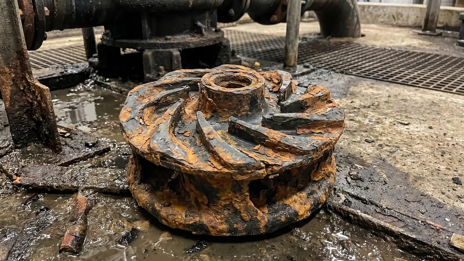 Internal dredge pump components showing how abrasive solids erode impeller and casing surfaces during continuous slurry pumping.