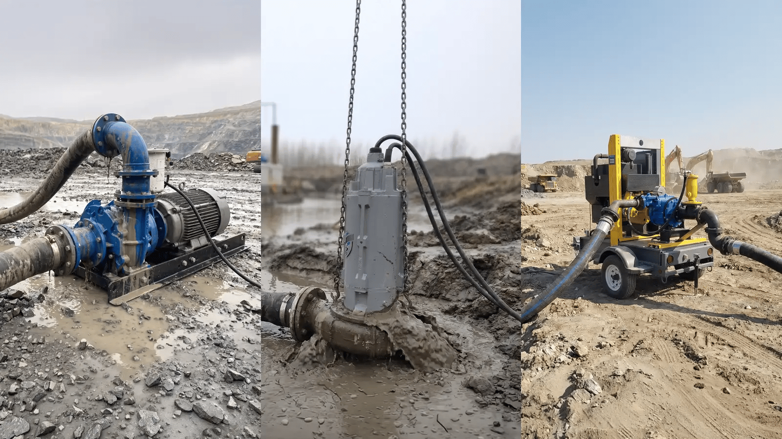 EDDY Pump slurry pump configurations in the field: a skid-mounted electric pump at a quarry, a submersible pump in mud, and a trailer-mounted self-priming pump