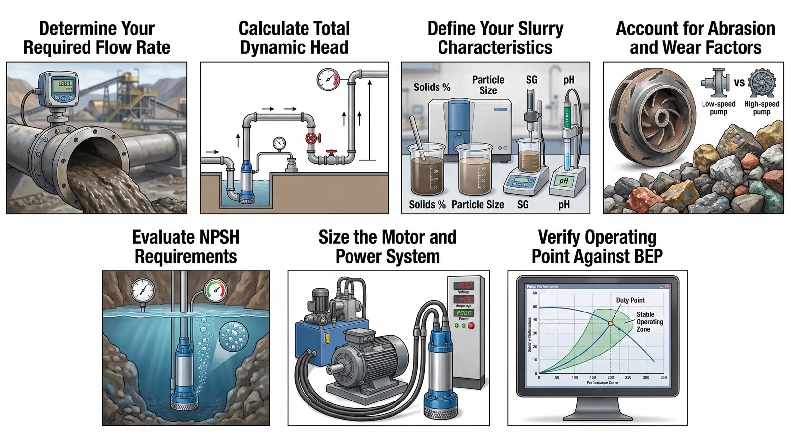 Seven steps for sizing a submersible slurry pump based on flow, head, slurry properties, NPSH, power and operating point