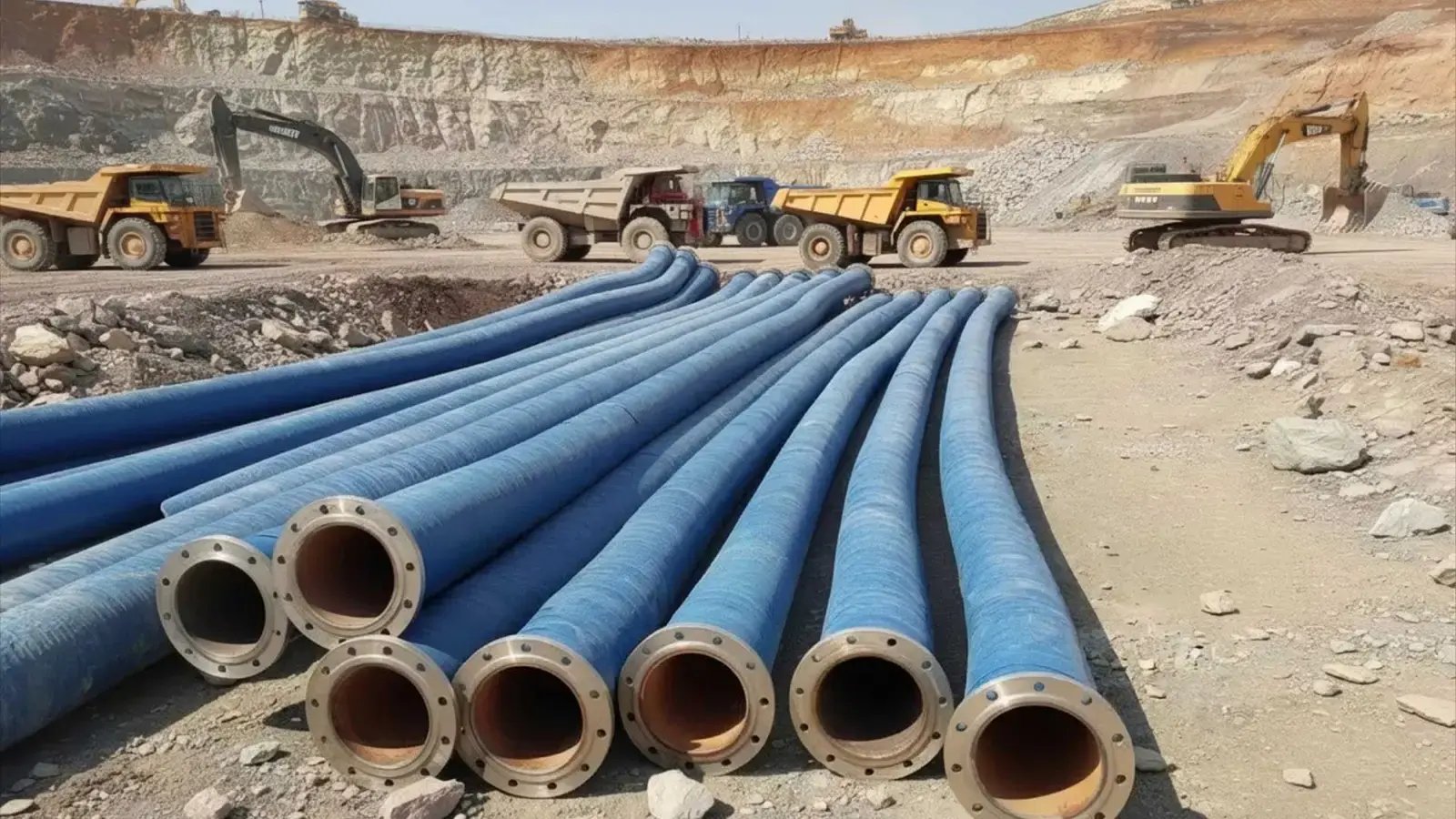 Flanged blue slurry discharge hoses laid out at an open-pit mine, ready for a hydraulic dredge pipeline