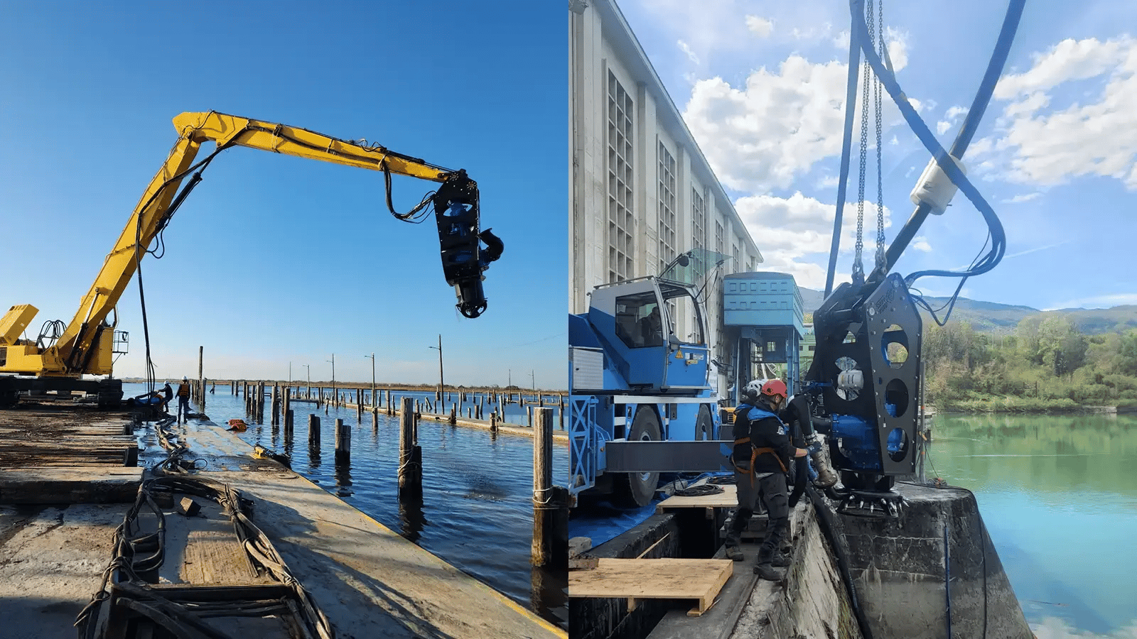 Comparison of yellow long-reach excavator extending a boom-mount pump over a dock into a harbor and a crane-suspended cable-deployed pump