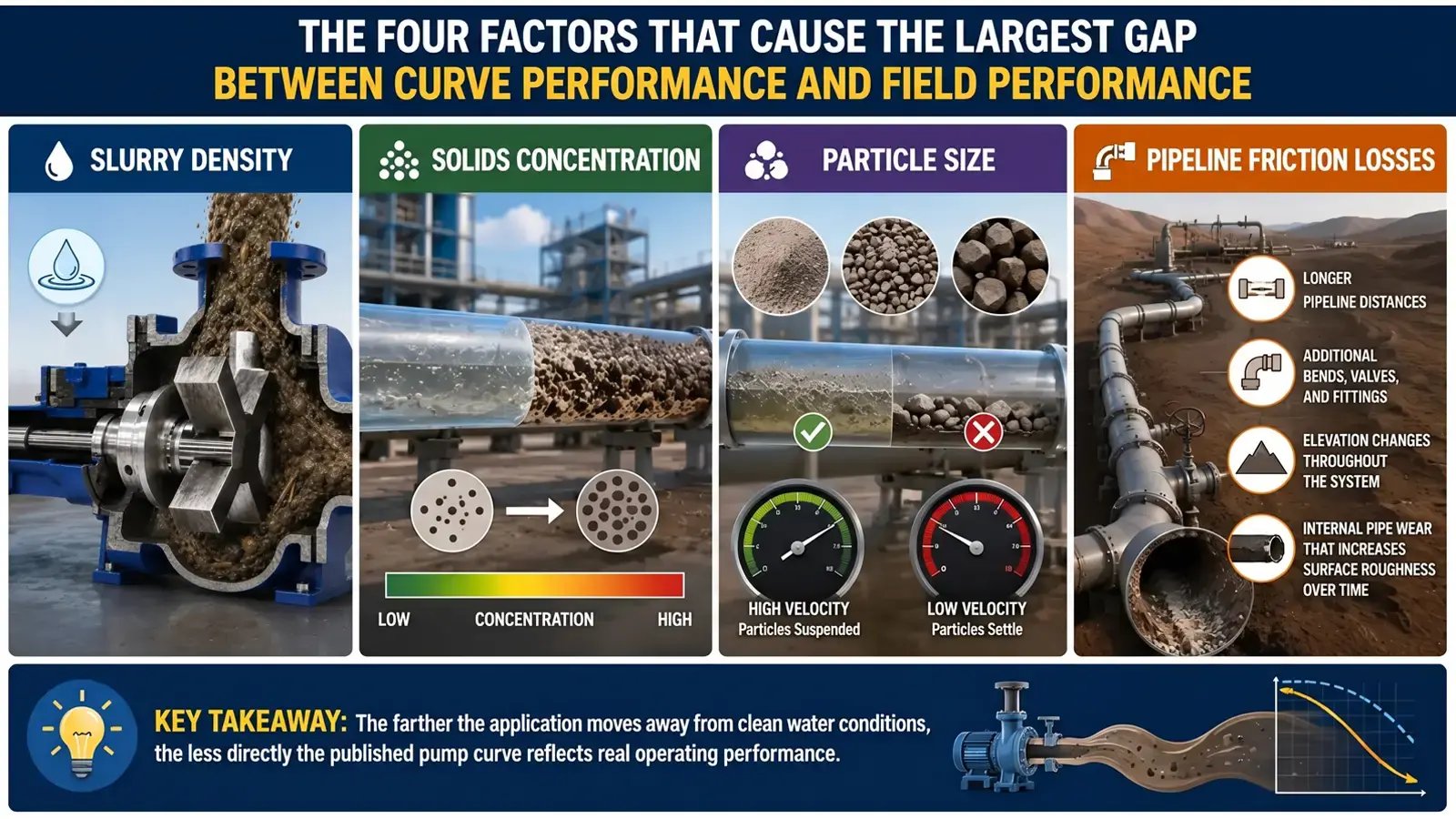 Infographic showing the four key factors that affect pump curve and field performance, including slurry density, solids concentration, particle size, and pipeline friction losses for industrial slurry pumping systems.