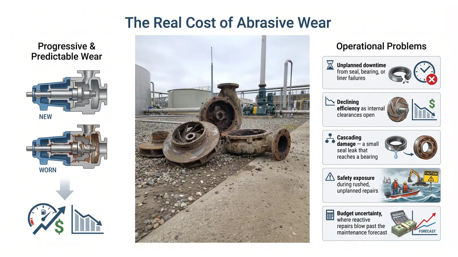Dredge pump parts illustrating the real cost of abrasive wear through replacement components, lost throughput and unplanned downtime.