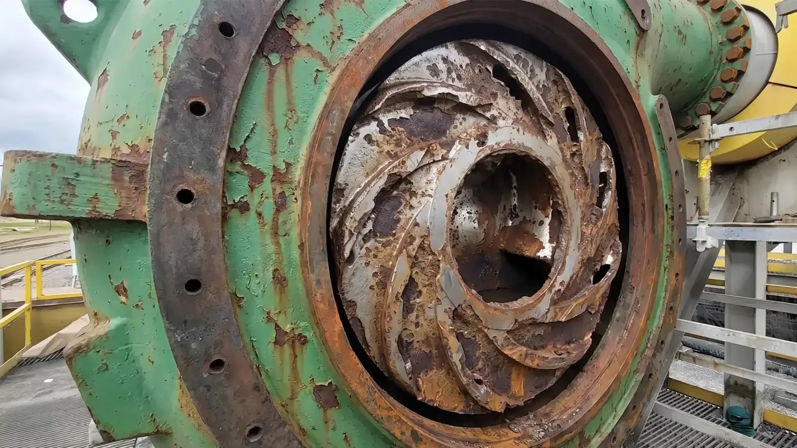 Photo of a severely worn-out industrial pump component damaged by severe cavitation, highlighting material erosion, pitting, and component degradation.
