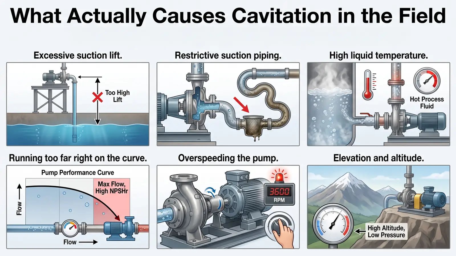 Diagram illustrating common causes of pump cavitation in industrial field applications, including excessive suction lift, overspeeding, high liquid temperature, and low Net Positive Suction Head required (NPSHr).