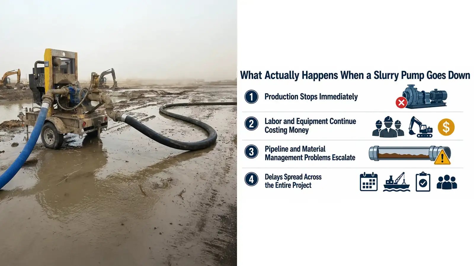 Mining slurry transfer operation showing production delays, labor expenses and pipeline disruption after pump failure