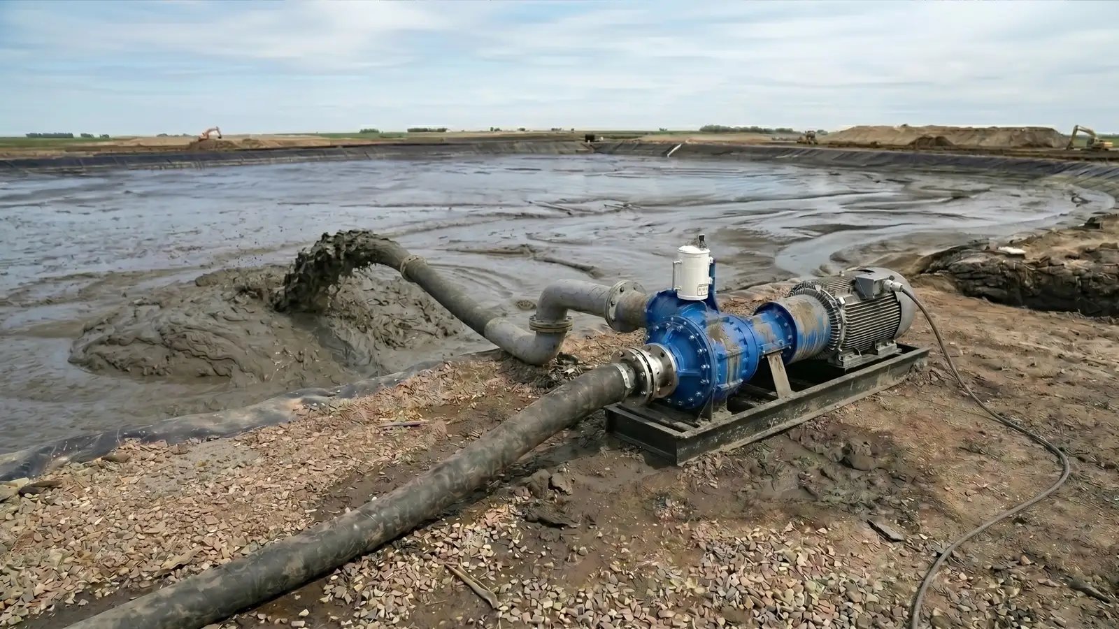 Industrial slurry pumping system transferring thick sludge from a settling pond for efficient dredging, wastewater, and tailings management.