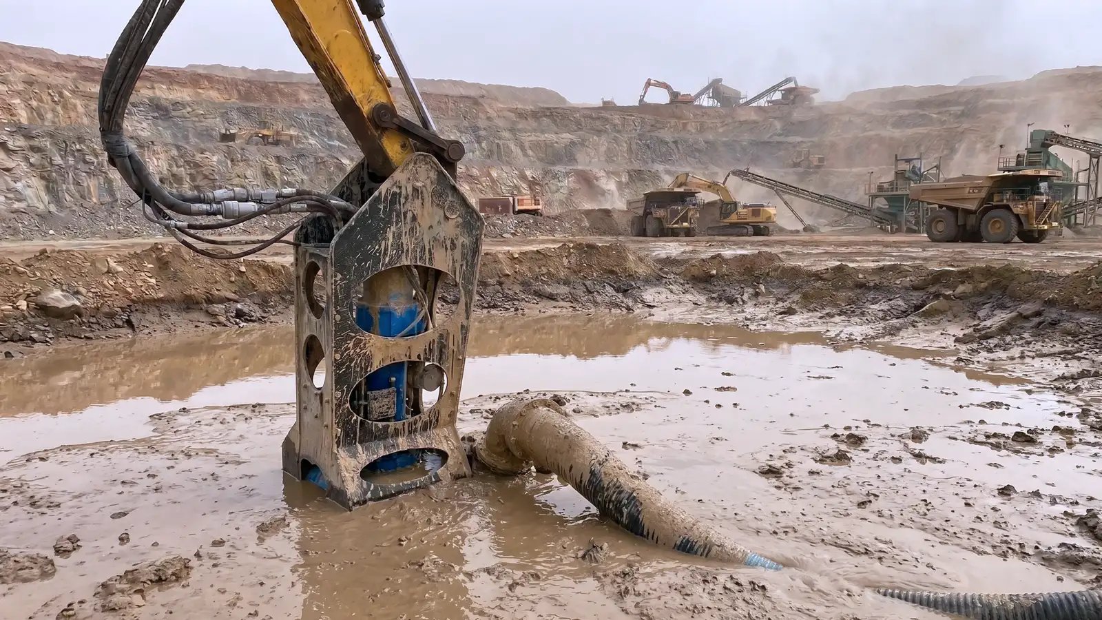 Industrial mining equipment showing reduced uptime due to sediment accumulation in process pond water system