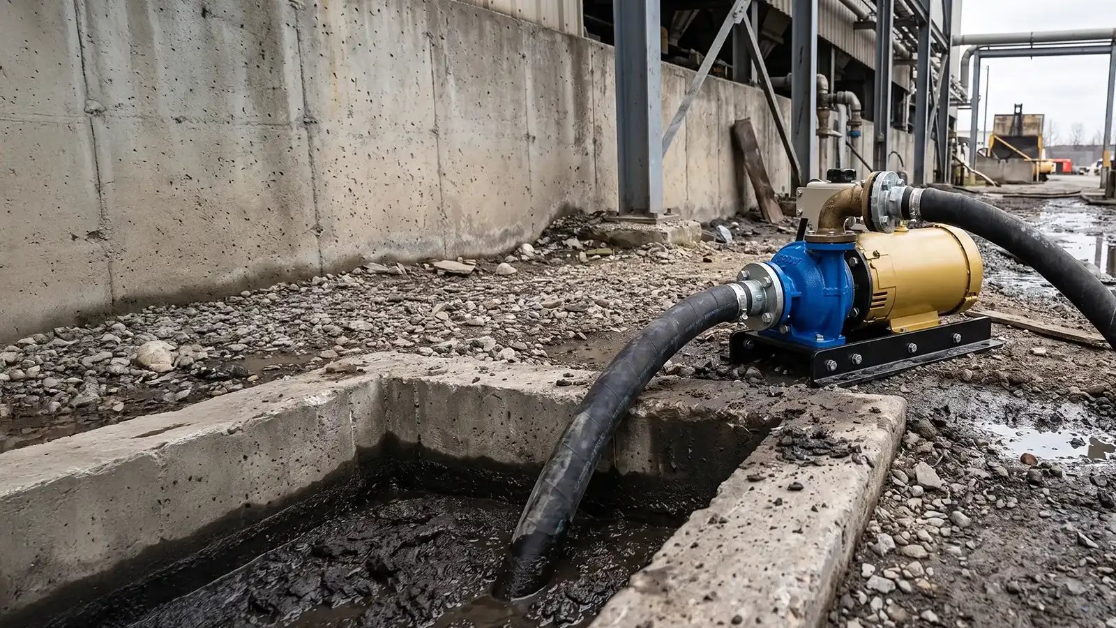 Compact close-coupled slurry pump with the motor mounted directly to the pump, pumping sludge from a concrete trench at an industrial site