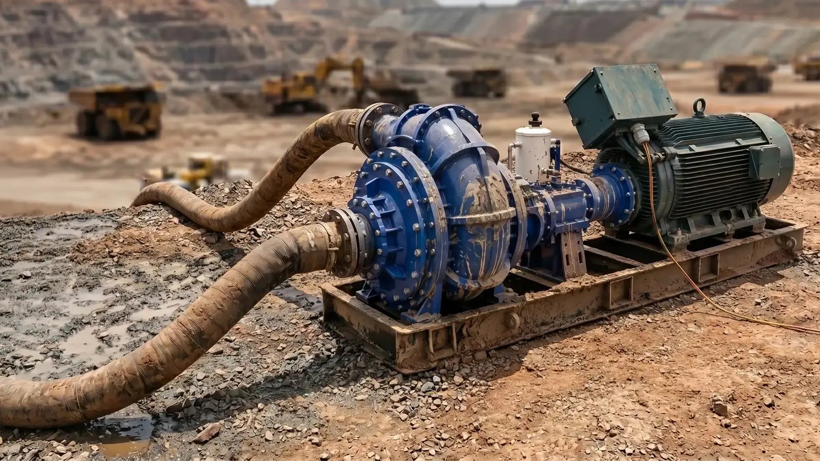 Heavy-duty flex-coupled slurry pump connected to an electric motor through a flexible coupling on a skid at an open-pit mine