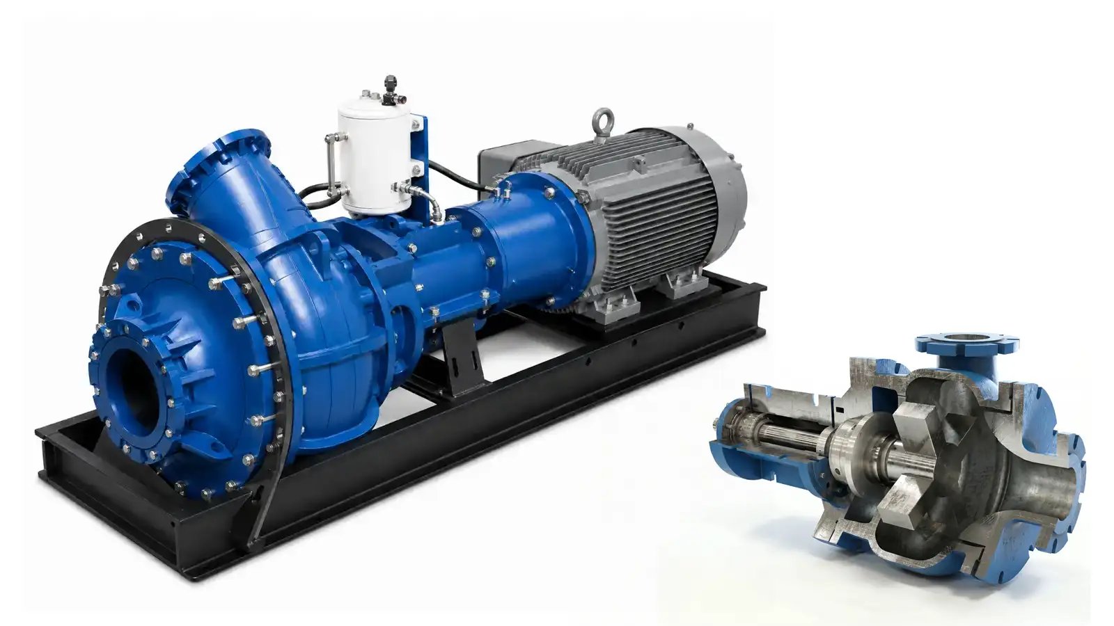 Heavy-duty industrial slurry pump with cutaway illustration for reliable high-solids material transfer.