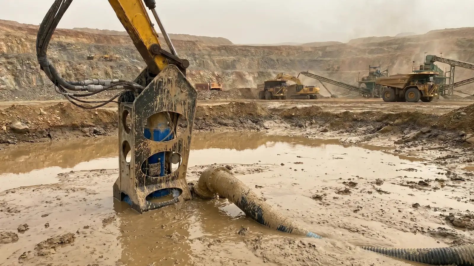 Heavy-duty dredging attachment operating in a mining pit for slurry removal, showcasing reliable excavation equipment designed for sediment management and demanding mining environments in the USA.
