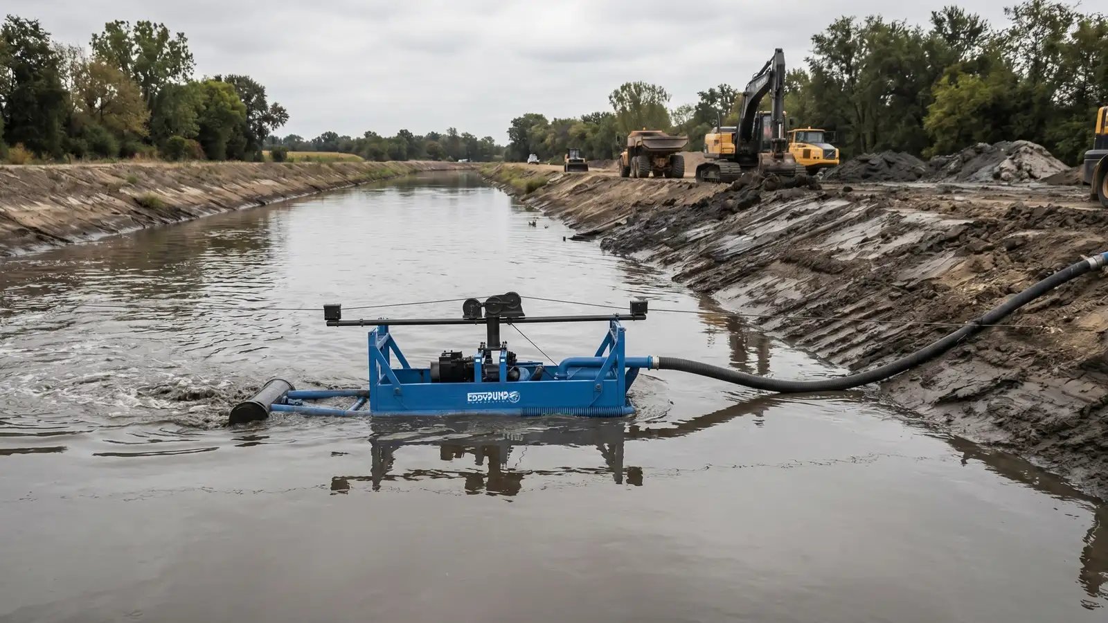 Floating dredging equipment removing canal sediment while heavy machinery operates along the waterway
