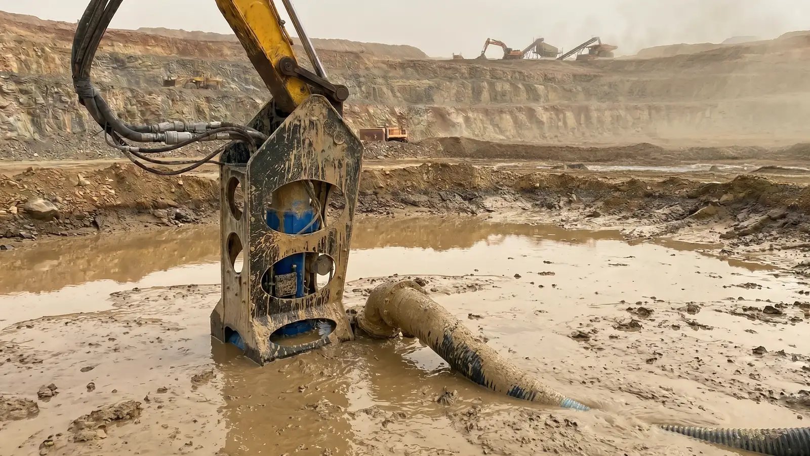 A boom-mounted dredge attachment submerged in turbid water