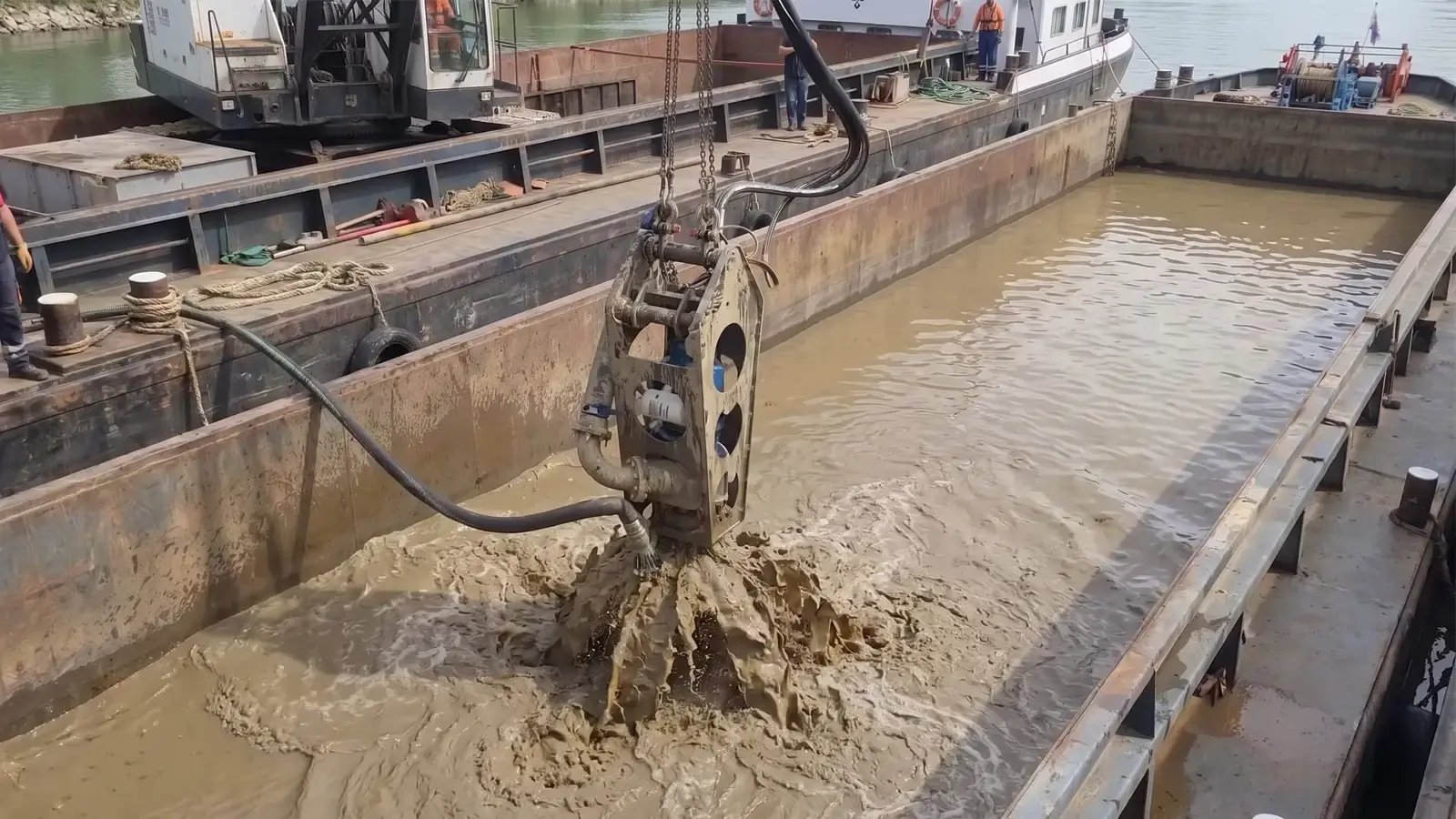 Cable-deployed pump suspended by chains being lowered into a barge filled with heavy sediment slurry