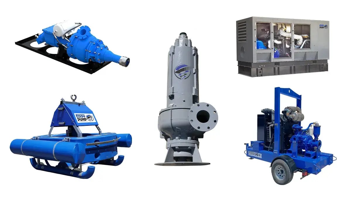 EDDY Pump equipment lineup including a skid-mounted slurry pump, submersible slurry pump, enclosed diesel power unit, floating dredge sled and trailer-mounted diesel pump