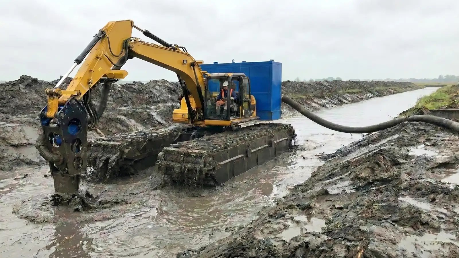 Excavator operating in muddy canal conditions with pumping equipment for efficient sediment removal