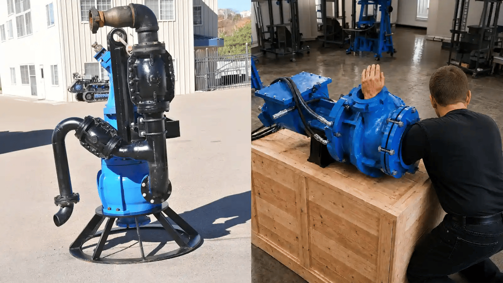 EDDY Pump submersible slurry pump with recirculation piping, and an EDDY Pump slurry pump with a large non-clog inlet on a shipping crate