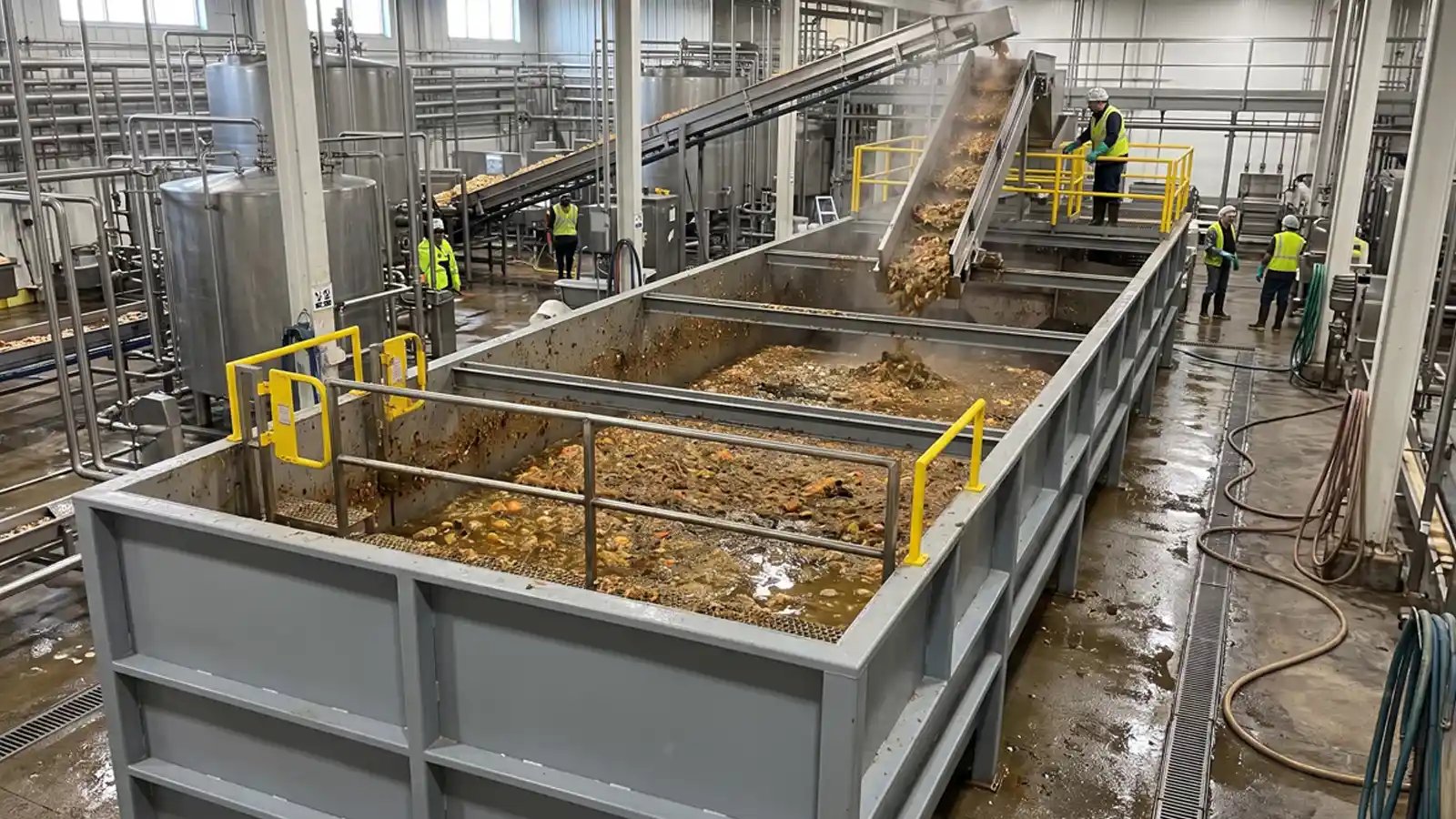 Food waste slurry tanks at a processing plant, with a conveyor feeding organic waste into an open steel tank