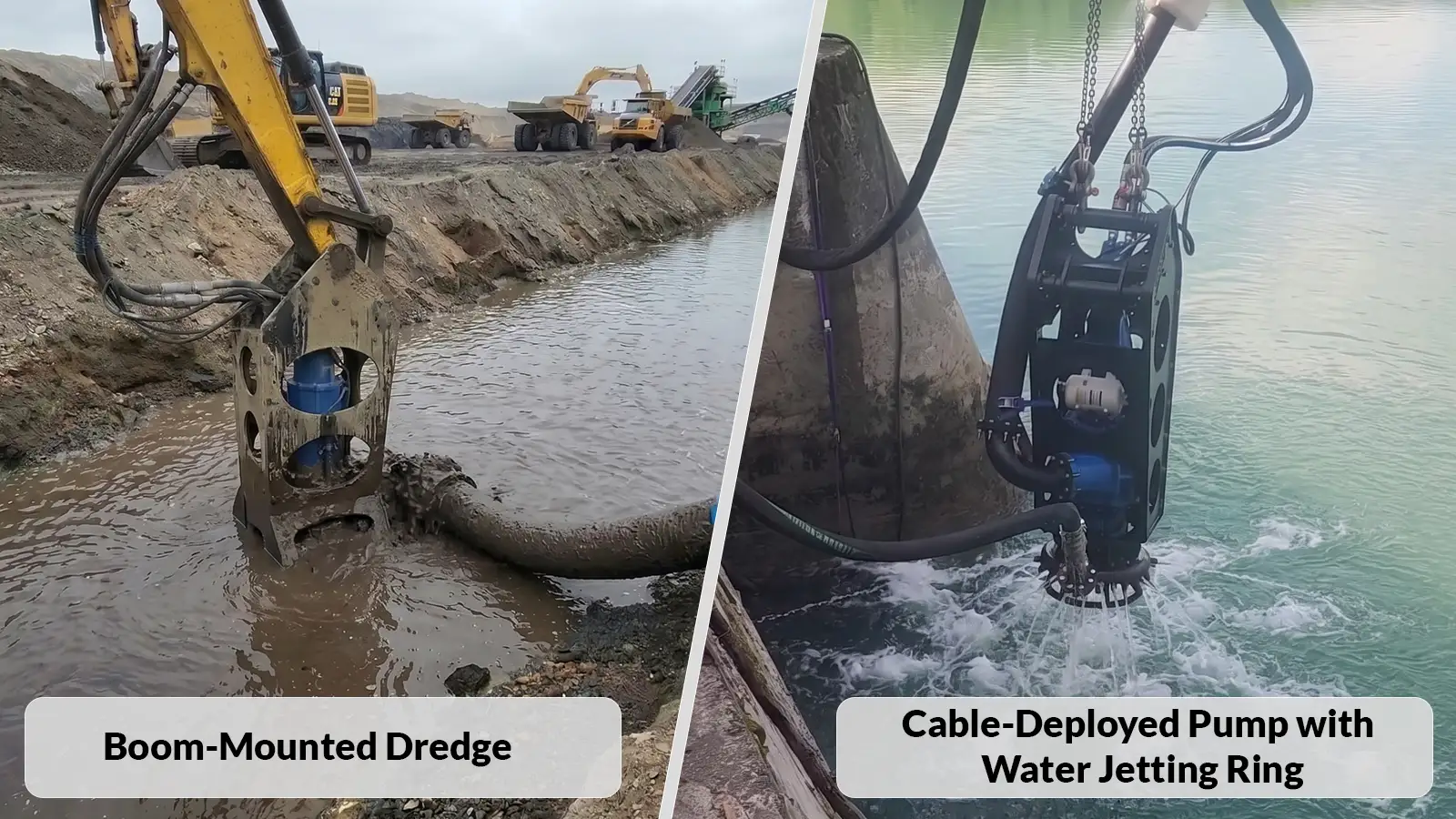 Side-by-side comparison of a boom-mounted EDDY Pump dredge attached to an excavator and a cable-deployed pump