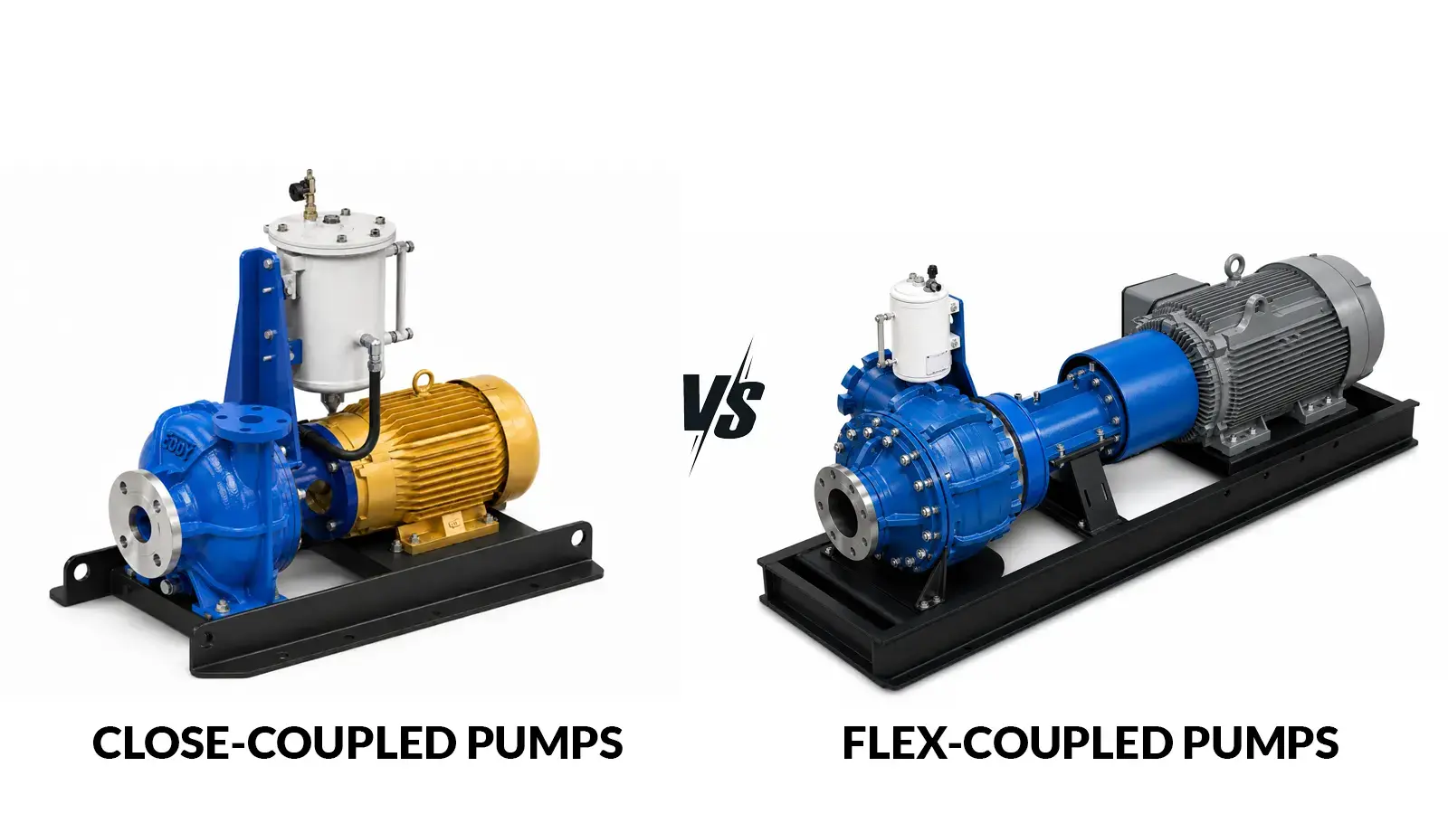 Side-by-side comparison of a close-coupled slurry pump package and a flex-coupled slurry pump package on steel skid bases