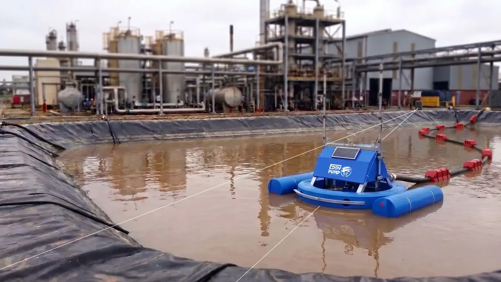 EDDY Pump floating dredge working in a lined industrial pond, with a floated discharge line running to shore